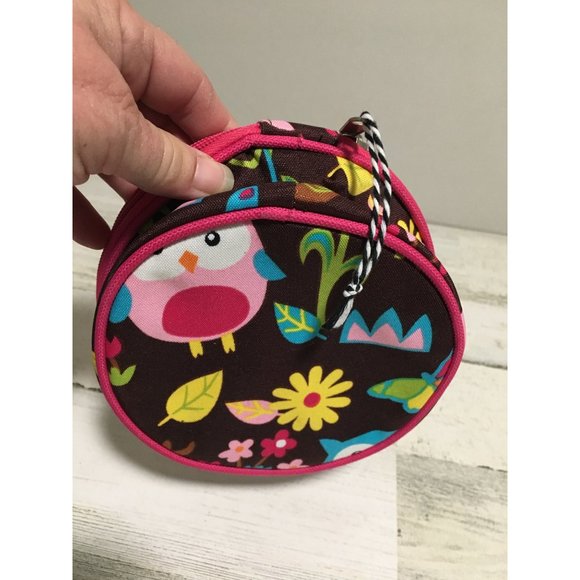 Small 6” round owl fabric decorated zippered bag with small compartments - Picture 5 of 5